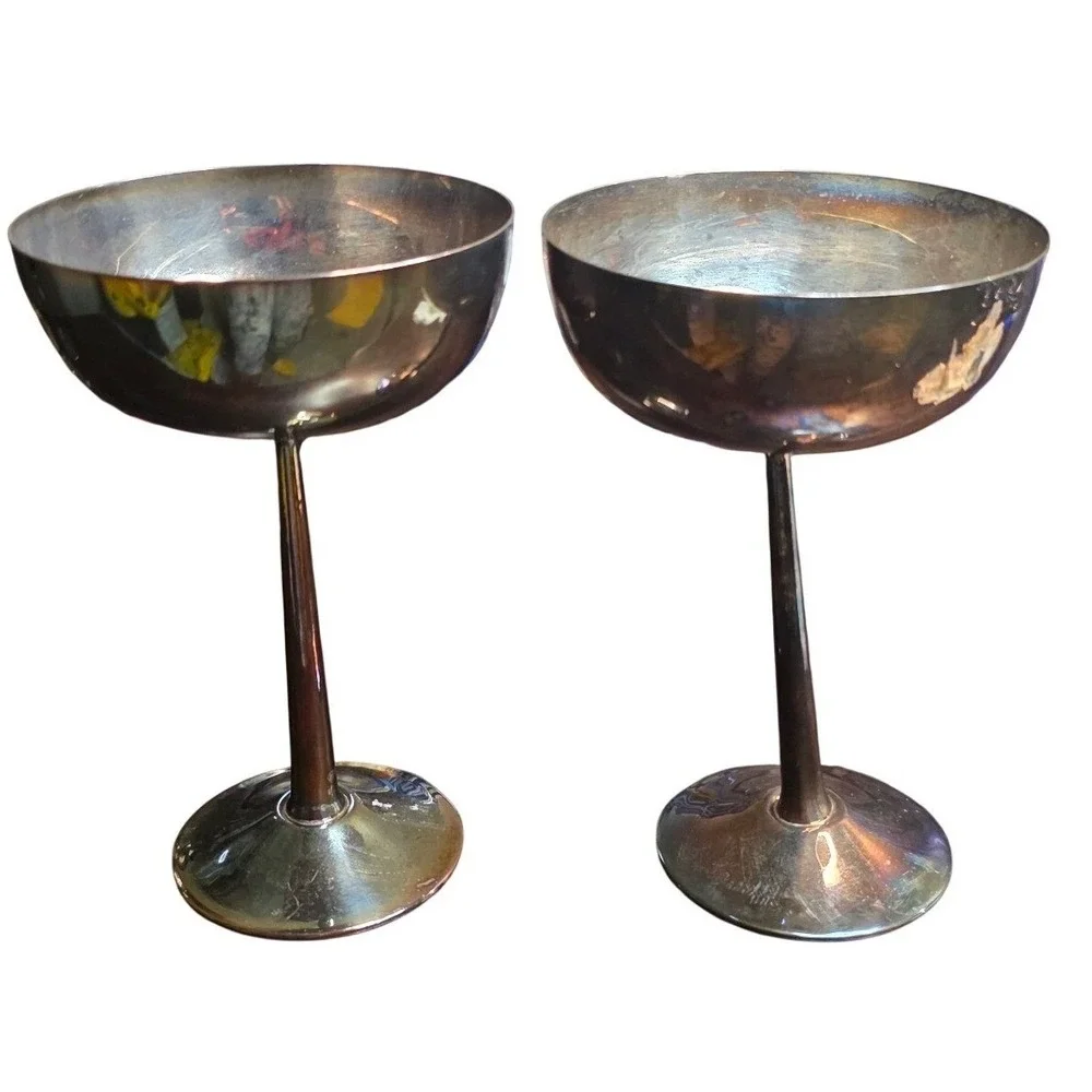 Silverplate Goblets Pair Vintage Mid Century Modern Style Tarnish Silver